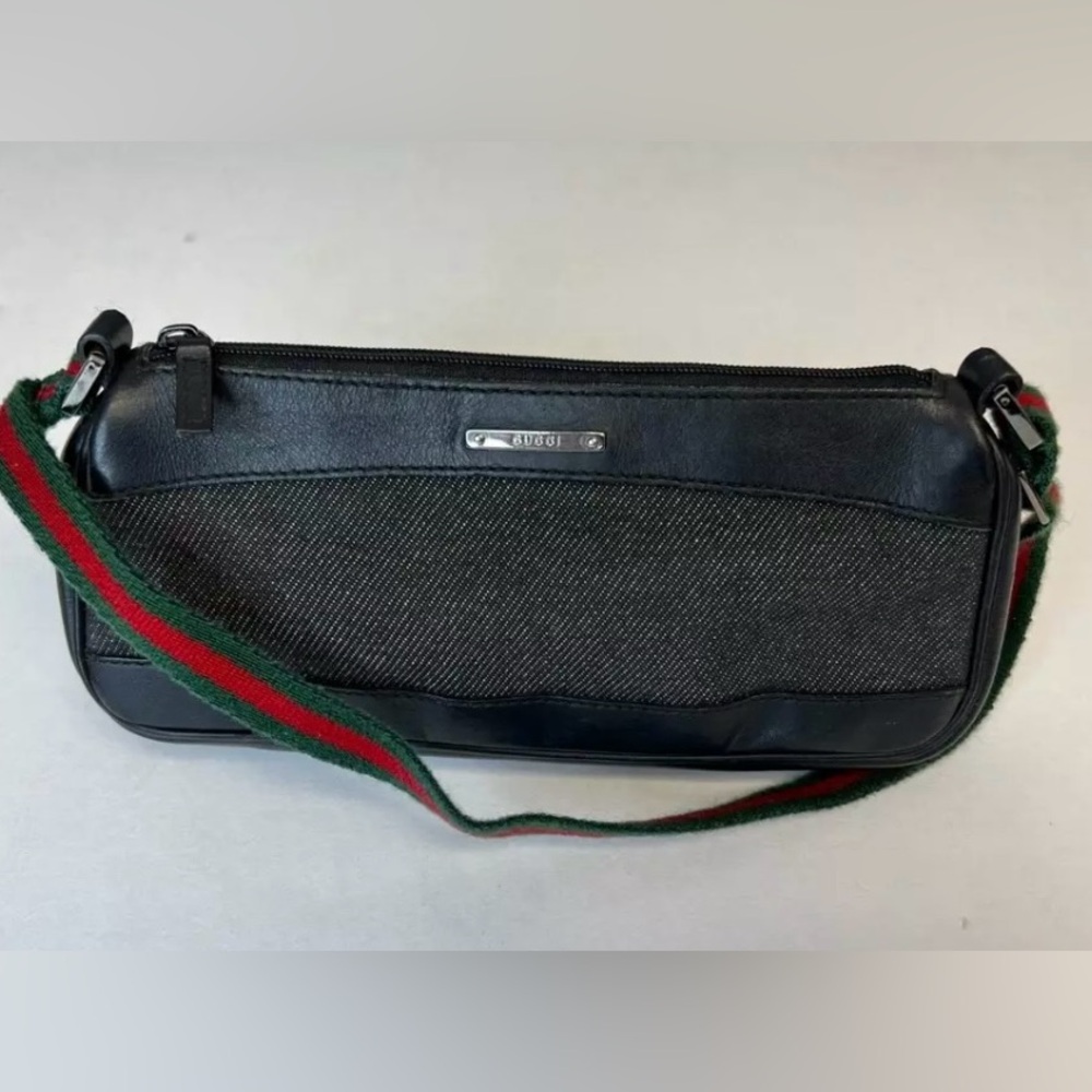 GUCCI Web Sherry Line Clutch Bag. Leather/Canvas Black.